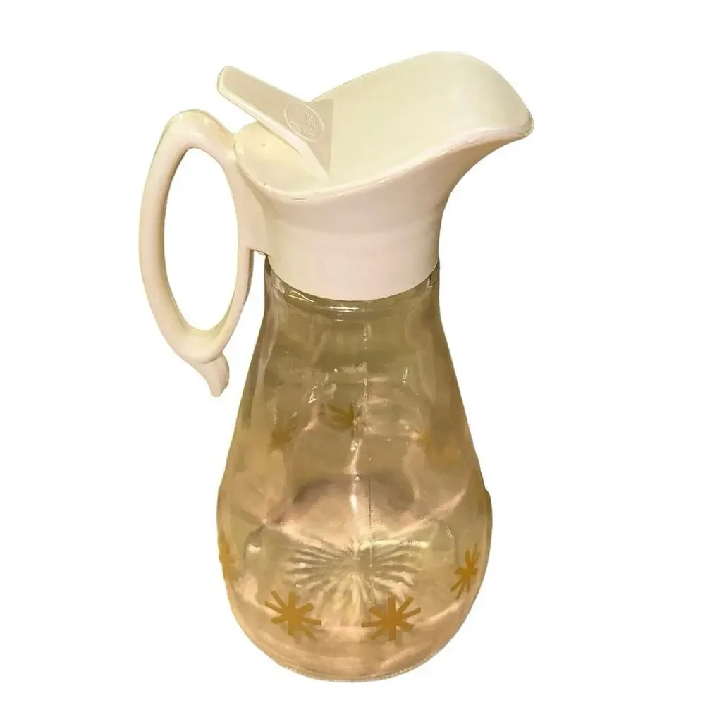 Vintage Log Cabin Maple Syrup‎ Glass Pitcher Starburst Syrup Dispenser Retro